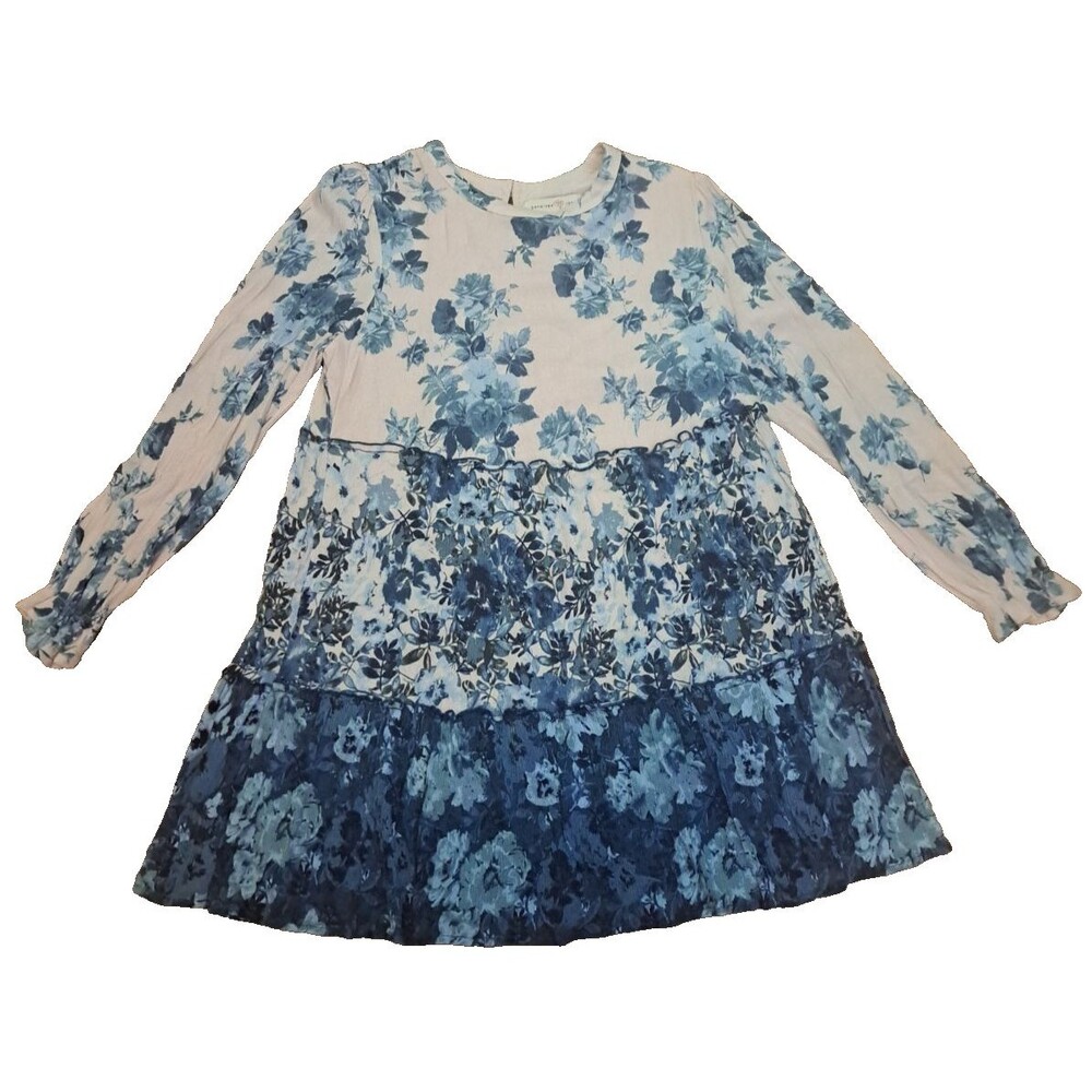 Penelope Rose Mini Dress Long Sleeve Pink Blue Rose Tiered Beach Cottage XL